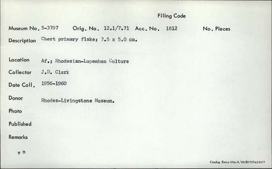 Documentation associated with Hearst Museum object titled Flake, accession number 5-3797, described as Chert primary flake; 7.5 x 5.0 cm.