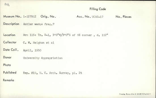 Documentation associated with Hearst Museum object titled Worked antler, accession number 1-127912, described as Antler wedge fragment? Notice: Image restricted due to its potentially sensitive nature. Contact Museum to request access.