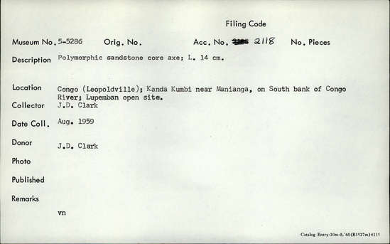 Documentation associated with Hearst Museum object titled Handaxe, accession number 5-5286, described as polymorphic sandstone core axe