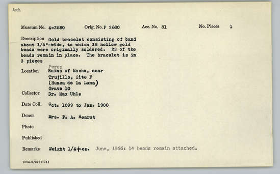 Documentation associated with Hearst Museum object titled Bracelet, accession number 4-2880, described as Gold bracelet consisting of band about ⅓ inches wide, to which 38 hollow gold beads were originally soldered. 22 of the beads remain in place. The bracelet is in 3 pieces