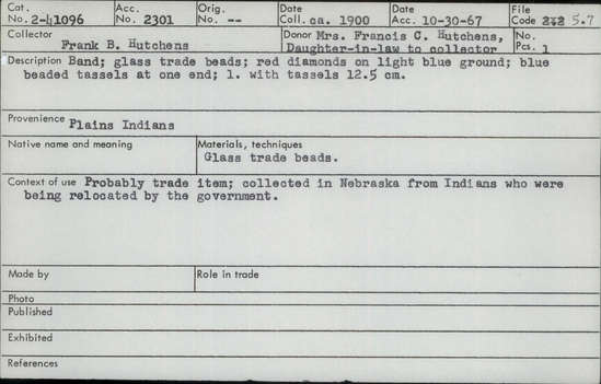 Documentation associated with Hearst Museum object titled Band, accession number 2-41096, described as Glass trade beads; red diamonds on light blue ground; blue beaded tassels at one end.