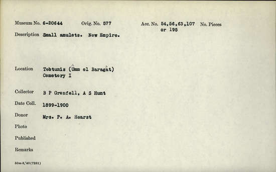 Documentation associated with Hearst Museum object titled Amulets, accession number 6-20644, described as small amulets. New Empire