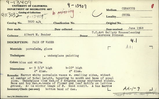 Documentation associated with Hearst Museum object titled Vases, accession number 9-13409, described as Vase, porcelain, one of a pair. Long narrow ovoid form; narrow mouth and base, no neck. Underglaze blue depiction of two dragons amid stylized clouds, chasing pearl. Fine linear detail, and wash. Band ato top: floral design of pine, bamboo, and prunus blossoms in white reserve on dark blue 'crackle' lattice ground. Narrower band at base with identical design. Interior and recessed base white, glazed.  Height 25.5 cm., maximum diameter 9.5 cm.