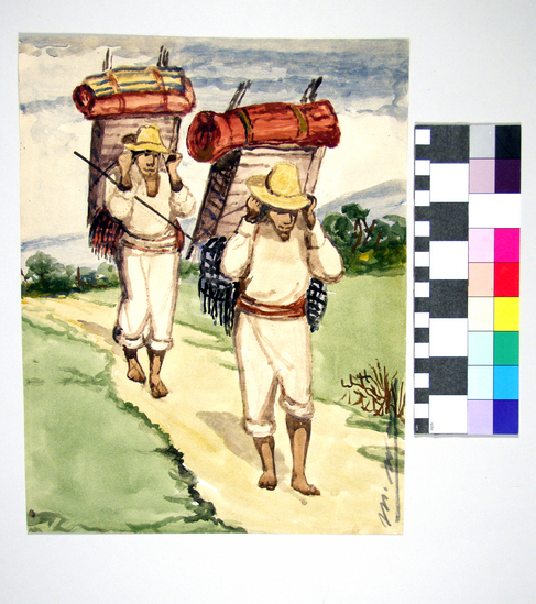 Hearst Museum object titled Watercolor painting, accession number 17-308, described as Two men with backpacks.