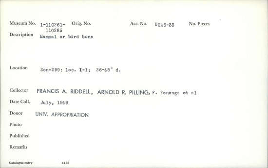 Documentation associated with Hearst Museum object titled Faunal remains, accession number 1-110279, described as Mammal or bird.