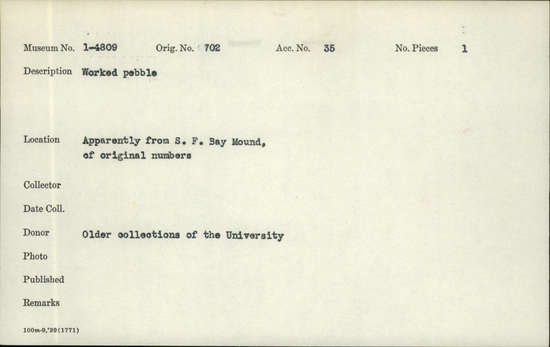 Documentation associated with Hearst Museum object titled Charmstone, accession number 1-4809, described as worked pebble