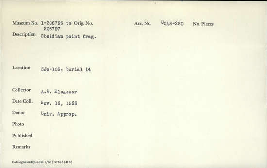 Documentation associated with Hearst Museum object titled Point fragment, accession number 1-206795, described as Obsidian. Notice: Image restricted due to its potentially sensitive nature. Contact Museum to request access.