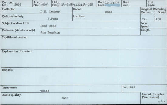 Documentation associated with Hearst Museum object titled Audio recording, accession number 24-2695, described as Pomo Song