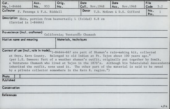 Documentation associated with Hearst Museum object titled Skin, accession number 1-84666, described as Portion of skin from beaver tail.