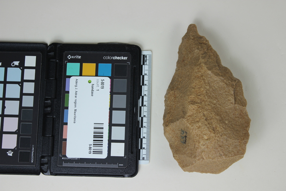 Hearst Museum object 2 of 2 titled Handaxe, accession number 5-8019, described as handaxe; bifacial; pointed; L 14.4cm