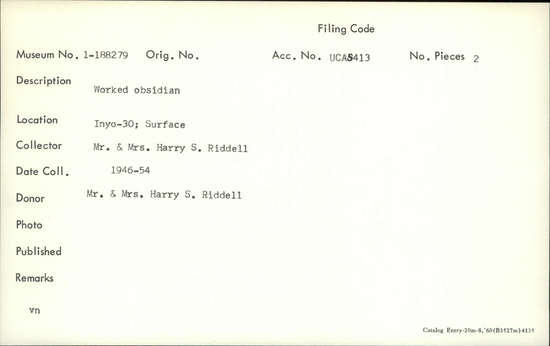 Documentation associated with Hearst Museum object titled Flakes, accession number 1-188279, described as Worked obsidian