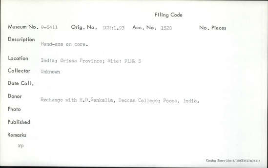 Documentation associated with Hearst Museum object titled Handaxe, accession number 9-6411, described as Hand-axe on core.