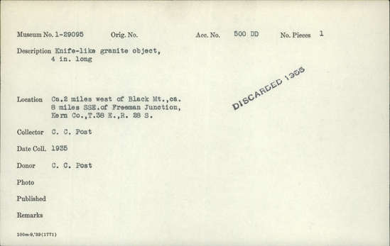 Documentation associated with Hearst Museum object titled Knife, accession number 1-29095, described as Knife - like granite object.