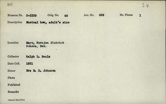 Documentation associated with Hearst Museum object titled Musical bow, accession number 3-3239, described as Musical bow, adult’s size