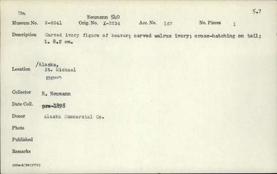 Documentation associated with Hearst Museum object titled Zoomorph, accession number 2-6041, described as Carved ivory figure of beaver.  Carved of walrus ivory.  Cross-hatching on tail.