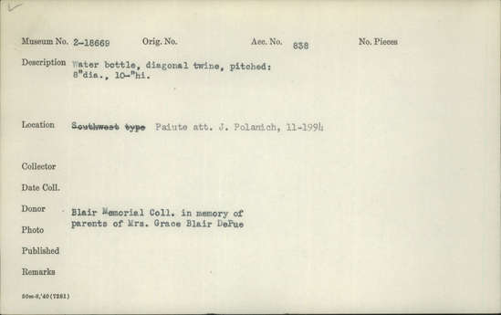 Documentation associated with Hearst Museum object titled Water bottle, accession number 2-18669, described as Diagonal twine, pitched.