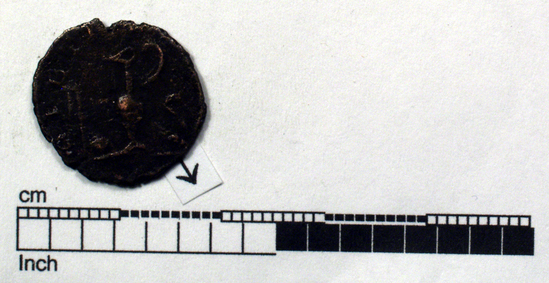 Hearst Museum object 2 of 6 titled Coin: æ, accession number 8-9166, described as Coin; Æ; Roman. Tetricus II. Obverse: Bust facing right, diademed. Reverse: Sacrificial implements: sprinkler, simpulum, fluted jug with handle right and lituus.