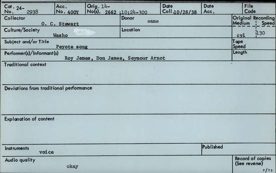 Documentation associated with Hearst Museum object titled Audio recording, accession number 24-2938, described as Peyote Song