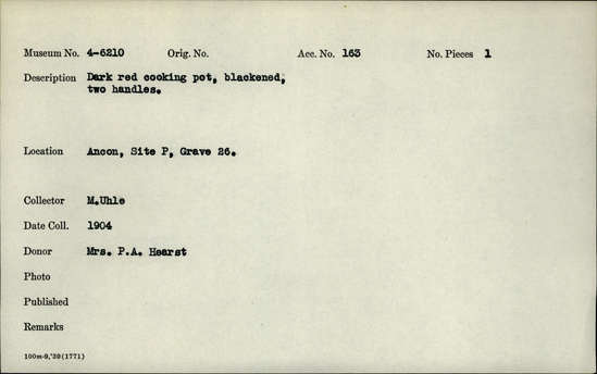 Documentation associated with Hearst Museum object titled Pot: cooking: hs, accession number 4-6210, described as Dark red cooking pot, blackened, two handles