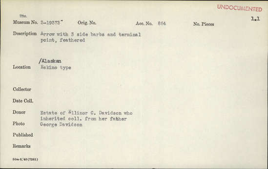 Documentation associated with Hearst Museum object titled Arrow, accession number 2-19373, described as Arrow with 3 side barbs and terminal point, feathered.