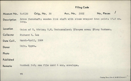 Documentation associated with Hearst Museum object titled Arrow, accession number 5-4126, described as Arrow foreshaft; wooden link shaft with sinew wrapped iron point; 17.5 cm long.