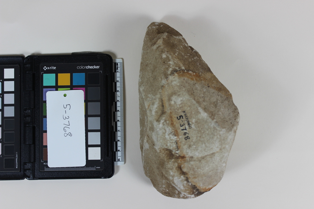 Hearst Museum object 2 of 3 titled Handaxe, accession number 5-3768, described as Hand-axe; fine, hard-grained sandstone; 17.0 x 9.0 cm.