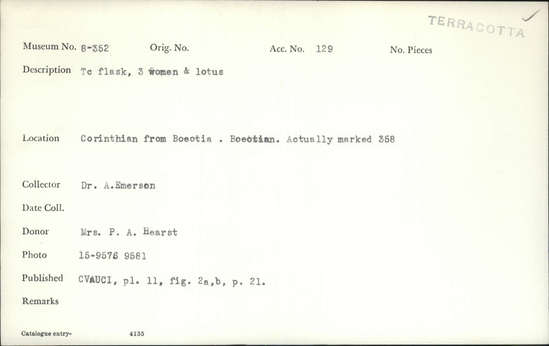 Documentation associated with Hearst Museum object titled Alabastron, accession number 8-352, described as Boeotian black-figure alabastron; intact; brown clay; black paint, fired tan on lower part of body; A) three women, holding branches, under one mantle; B) lotus; rosettes in field; dicing above and below main frieze; on mouth rosette; on rim network; on neck tongues; underneath rosette with central depression.