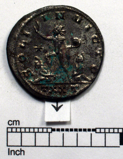 Hearst Museum object 6 of 8 titled Coin: billon antoninianus, accession number 8-4036, described as Coin; AG; Billon. Antoninianus; Roman. Aurelian, 270-275 AD. Obverse: IMP C AVRELIANVS AVG, Bust r. radiate. Reverse: SOLI INVICTO, Sol striding l., two captives at feet; * in left field; in ex., TXXT.