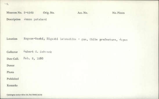 Documentation associated with Hearst Museum object titled Potsherd, accession number 9-4969, described as Jomon potsherd (objects missing - empty box)