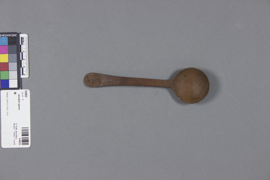 Hearst Museum object titled Spoon, accession number 9-6832, described as Wooden spoon; bamboo motif; length 6  1/2 inches.