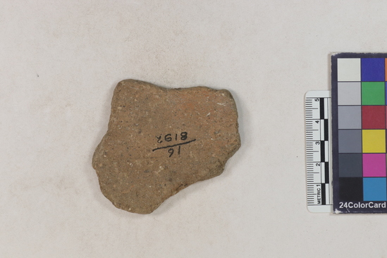 Hearst Museum object 172 of 183 titled Potsherd, accession number 16-8192, described as Potsherd: bodys Section of Manta on beach currently inhabited. Numbers  8111 to 8194 are sherds picked up on beach at low tide.