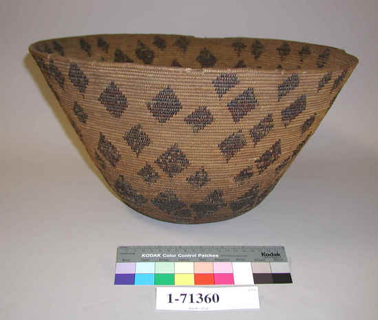 Hearst Museum object titled Basket, accession number 1-71360, described as Coiled; diamond shaped maroon (redbud) designs, sedge root weft for background. 3-rod foundation.
