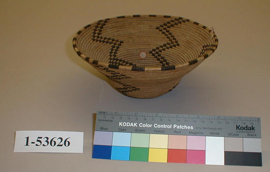 Hearst Museum object titled Basket, accession number 1-53626, described as Coiled basket.  Black design.  20 stitches to the inch.