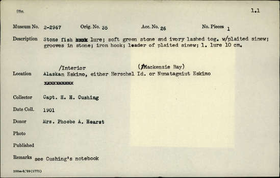 Documentation associated with Hearst Museum object titled Fishing lure, accession number 2-2967, described as Soft green stone and ivory lashed toggle with plaited sinew. Grooves in stone, iron hook. Leader of plaited sinew.