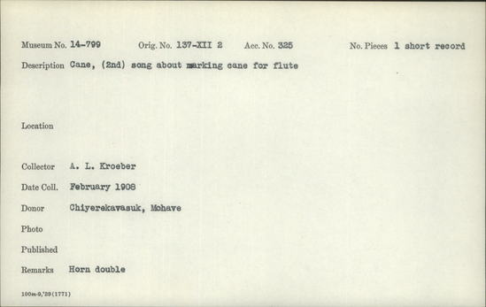 Documentation associated with Hearst Museum object titled Wax cylinder recording, accession number 14-799, described as Ahta ("Cane") Song, 2nd song about Marking Cane for Flute Notice: Image restricted due to its potentially sensitive nature. Contact Museum to request access.