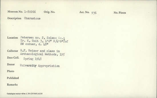 Documentation associated with Hearst Museum object titled Charmstone, accession number 1-80266, described as Charmstone.