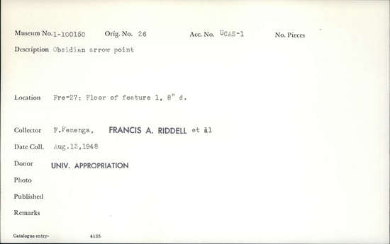 Documentation associated with Hearst Museum object titled Projectile point, accession number 1-100150, described as Obsidian projectile point. Notice: Image restricted due to its potentially sensitive nature. Contact Museum to request access.