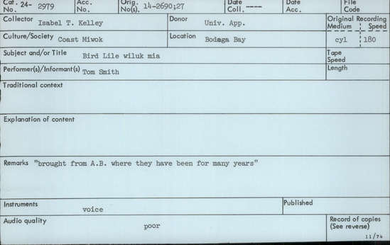 Documentation associated with Hearst Museum object titled Audio recording, accession number 24-2979, described as Bird Lile wiluk mia