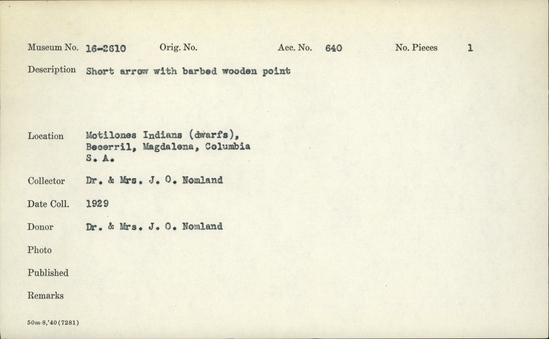 Documentation associated with Hearst Museum object titled Arrow, accession number 16-2610, described as Short arrow with barbed wooden point