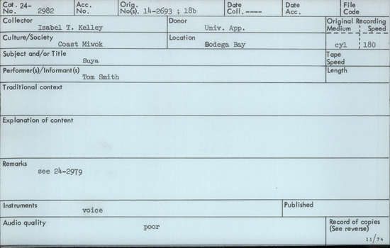 Documentation associated with Hearst Museum object titled Audio recording, accession number 24-2982, described as Suya Song