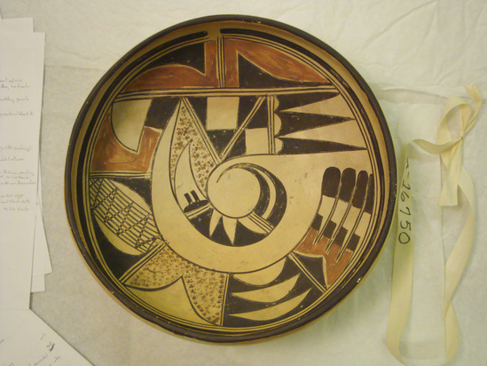 Hearst Museum object 2 of 3 titled Bowl, accession number 2-16750, described as Ceramic, stylized bird design on interior in black and red on buff ground, black framing lines and rim. Molded and painted.