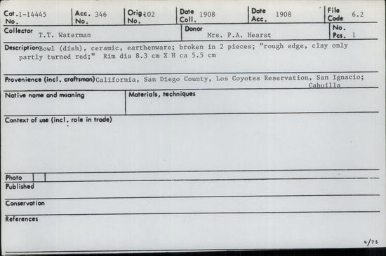 Documentation associated with Hearst Museum object titled Dish toy, accession number 1-14445, described as Small, partly baked pottery dish. Rough edge, clay only partly turned red.