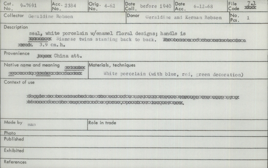 Documentation associated with Hearst Museum object titled Seal, accession number 9-7691, described as seal, white porcelain w/ enamel floral designs;  handle is Siamese twins standing back to back.  3.9 cm h.