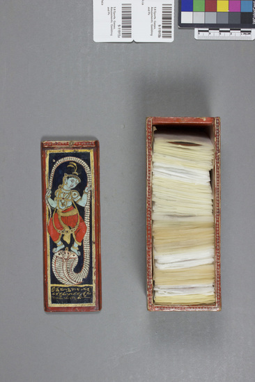 Hearst Museum object titled Playing cards, accession number 9-11915a-l, described as Playing cards in a box; (a) & (b): rectangular wooden box with sliding lid; painted & gilded with 10 incarnations of Vishnu on sides, Krishna on lid; Telugu inscriptions refer to the incarnations; (c)-(l) circular cards, paper, painted and lacquered over a gesso undercoat; 10 suits of 12 cards representing each of the 10 avatars or incarnations of Vishnu: (c) Matsya, the fish, #3 & #6 missing; (d) Kurma, the tortoise, #9 missing; (e) Varaha the boar, #10 and mantri card missing; (f) Narasimha, the man-lion, #8 and mantri card; (g) Vamana, the dwarf, #7 missing; (h) Parasurama, or Rama with an Axe, #10 missing; (i) Rama, #10 missing; (j) Krishna, Raja card missing; (k) Balarama, #4 & 2 court cards missing; (l) Kalki, the horse, #’s 8, 10 and Raja card missing.