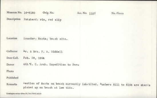 Documentation associated with Hearst Museum object titled Potsherd, accession number 16-8180, described as Potsherd: rim, red slip Section of Manta on beach currently inhabited. Numbers  8111 to 8194 are sherds picked up on beach at low tide.