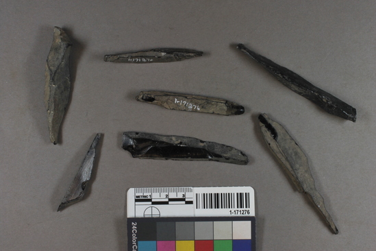 Hearst Museum object titled Bangles and flakes, accession number 1-171276, described as obsidian bangles, small unworked prismatic flakes