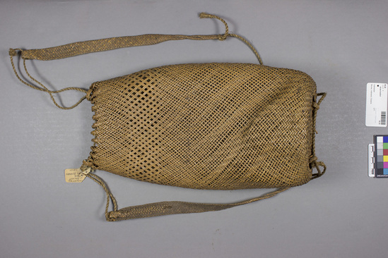 Hearst Museum object titled Basket, accession number 18-26, described as Openwork checker basketry bag with drawstring and carrying strap.