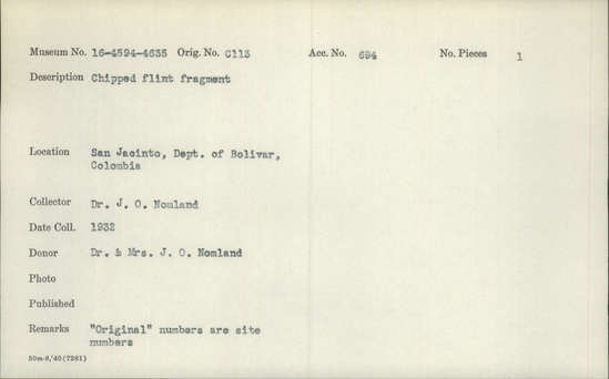 Documentation associated with Hearst Museum object titled Worked stone, accession number 16-4599, described as Chipped flint fragment