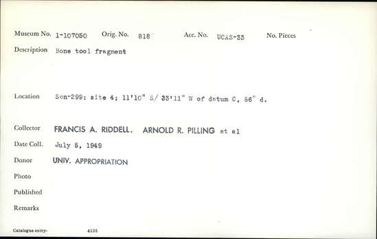 Documentation associated with Hearst Museum object titled Worked bone, accession number 1-107050, described as Bone.