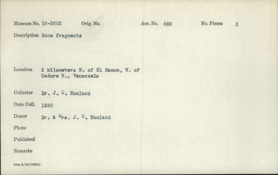 Documentation associated with Hearst Museum object titled Bone fragment, accession number 16-3602, described as Bone; fragments